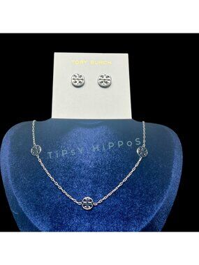 both✺Tory Burch Silver Miller Stationary Necklace and Earring Set